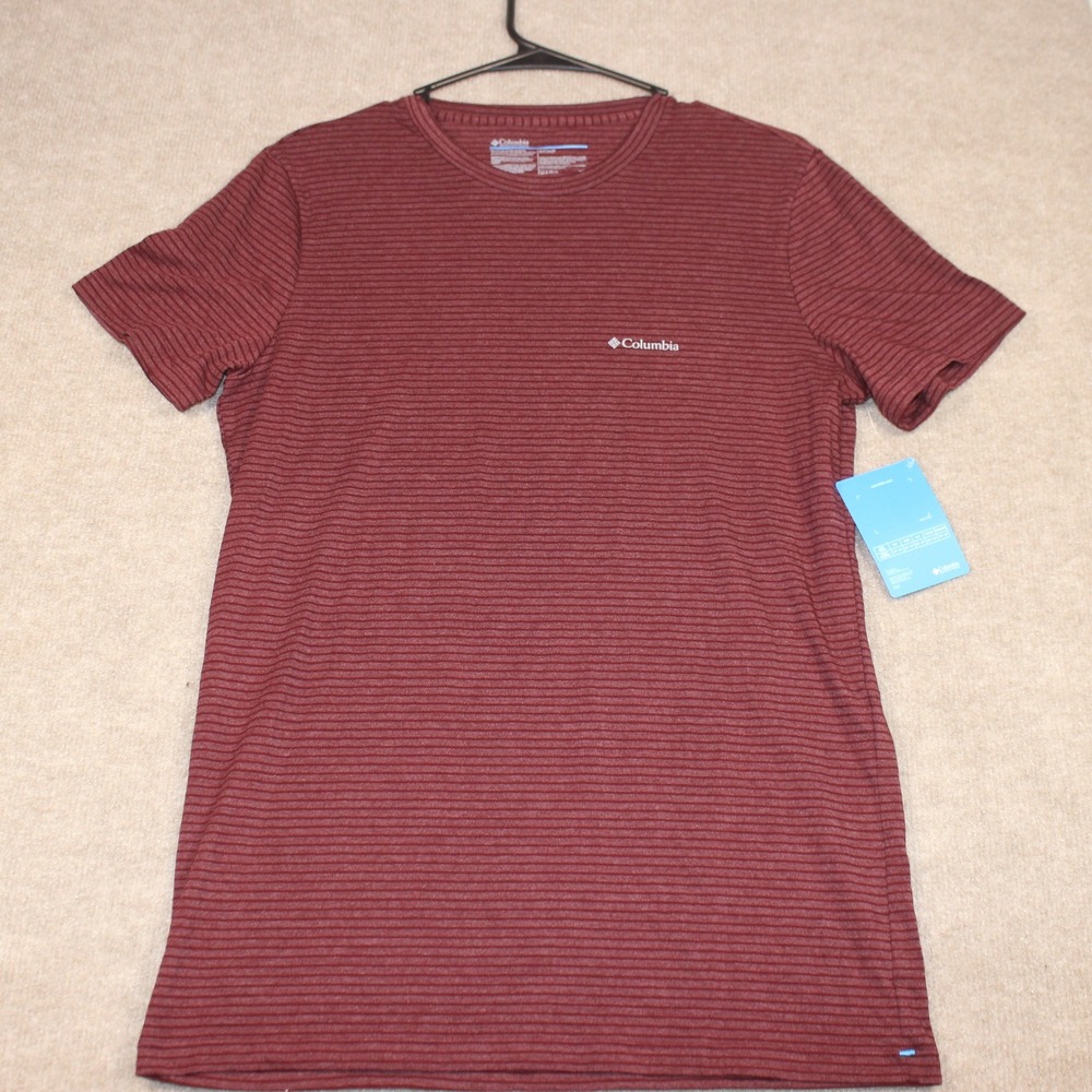 Columbia Mens Small Burgundy‎ Striped Short Sleeve Cotton Blend T-Shirt NWT